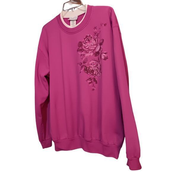 VINTAGE Sweatshirt Pink Size XL Flowers Roses Sparkle Beading Long‎ Sleeves - Picture 4 of 10